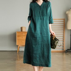 마켓에이 여성용 통기성 브이넥 버튼 심플 미시 원피스 빅사이즈 포함