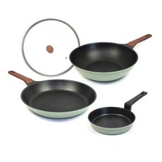 Kitchen-Art 電磁爐適用鍋具 4件組, 綠色, 平底鍋28cm+炒鍋28cm+煎蛋鍋16cm+玻璃鍋蓋