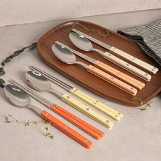 TINNY BLANC Reb韓式餐具刀叉筷子 4件組, 1組, 象牙色、青檸色、桃色絨毛、橙色, 勺子 4p+筷子 4p