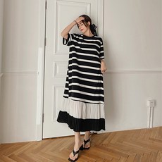 Lemon Soul Buabo下擺百褶長版連身裙 含大尺碼, 條紋