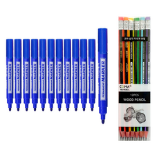 DONG-A 油性麥克筆 12入 + Tukovi 三角橡皮擦鉛筆 SG-208 12入組, 藍色(油性麥克筆), 混合色(橡皮擦鉛筆), 1套