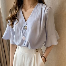 Ondiz 女款 V領仙女風夏季寬鬆罩衫