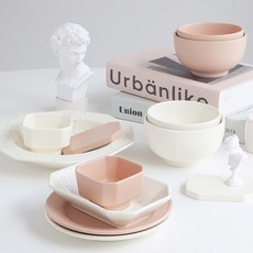 NICOTT Here 手工雙人居家餐具組 12件組, 1套, 棉花象牙白+玫瑰米色, 飯碗 2p + 湯碗 2p + 圓盤 2p + 點心碗 2p + 餐具架 2p + 八角小菜碗 + 義大利麵碗