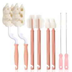 HIBI嬰兒奶瓶奶嘴清洗刷4件套旋轉式, 珊瑚粉+隨機出貨(吸管清潔刷), 2組