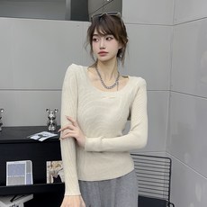 더시럽 여성용 슬림 골지 니트 티셔츠