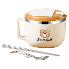 Kyhome 萌趣304不鏽鋼泡麵碗/大容量保溫飯盒/外出便當盒 附餐具 款式隨機, 米白色, 1個