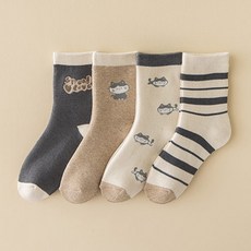 Woderme女款冬季羊毛刷毛可愛貓咪中筒襪 4雙組 M1066
