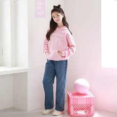 나나주니 여아용 파스텔 피넛 후드 보온 티셔츠 + 러브밴드 와이드 본딩 청바지 세트