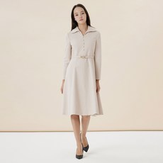 LINE ADDITION 開襟翻領附腰帶傘狀中長洋裝, 淺米色