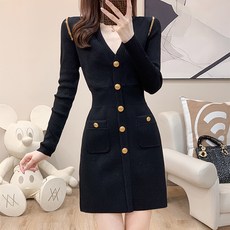 POPLARNC 女性用Port V領針織連身裙 P25FOPS072425, 黑色