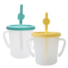 AGAFURA Magic系列雙耳防漏吸管杯 S 300ml 2入+水果造型矽膠護嘴套 2入 隨機出貨, 黃色+薄荷綠, 1組