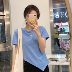 몬드스팟 여성용 슬림 언발 사선 라운드넥 반팔 티셔츠 JN153
