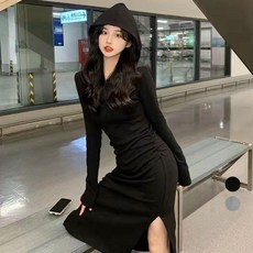 Elsso 修身線條連帽長版洋裝, 黑色