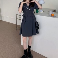 MeiChel 大尺碼蝴蝶結綁帶大領雙排扣風衣連衣裙, 深灰色