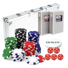 Huni Gamble Clear Fresh 彩色籌碼 500p + 鋁銀盒 + 俱樂部特製德州撲克牌 2p + 莊家籌碼 + 鑰匙 2p + 骰子 5p 套裝, 白、藍、紅、綠、黑（芯片）