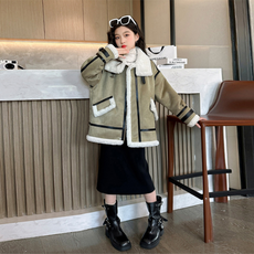 Orangedamom 女童黑色條紋毛絨點綴騎士外套