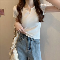 마켓에이 여성용 미니 트임 슬림핏 반팔 티셔츠