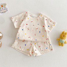 JOYMULTI MK 兒童奶油圖案短袖上衣 + 短褲套裝