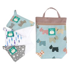 Coney Island 男童拼接圖案印花掛繩毛巾組 3入+防水手提袋 A款, 我愛狗藍、鯡魚、灰星, 1套