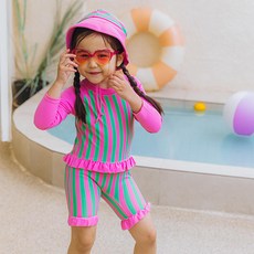 Ttolmuruk 女童愛心荷葉邊防磨衣 + 水上防曬帽套組