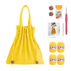 OliO yarna 단색 플리츠백 DIY 패키지 S, 744 비비드옐로우(뜨개실), 브라운(우드볼), 랜덤발송(단수링), 1세트