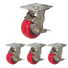MASTER. S 不鏽鋼重型腳輪 DS 3340 PUB-BK 4 重型不鏽鋼 聚氨酯 軸承 紅色 平板式 附煞車 BK, 4個
