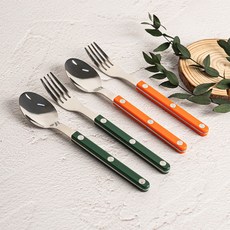 TINNY BLANC 兒童 Reve 雙人西式甜點餐具組, 1套, 綠色, 橘色, 茶匙 2p + 茶叉 2p