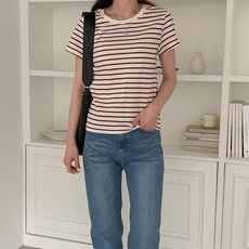 린다샵 여성용 통기성 제트치 라운드넥 더블 단가라 베이직 반팔 티셔츠 cpt14986k43