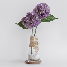 人造紫陽花繡球花 2入 + 藤編曲線玻璃瓶 + 原木杯墊組, 紫羅蘭色, 1個