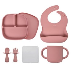 랄라비 아이주도 이유식 식기 4종 세트, Red, 흡착식판 + 키즈 스푼포크세트 + 실리콘 컵 + 턱받이, 1세트
