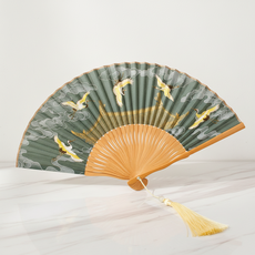 마켓피아 전통 디자인 장식품 휴대용 접이식 부채 + 커버 세트, 짙은 녹색 크레인, 1세트