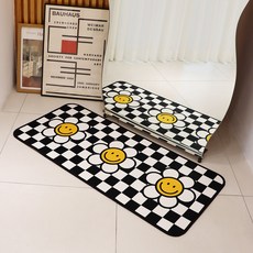 부엌다옴 체크 데이지 주방 발매트, 블랙