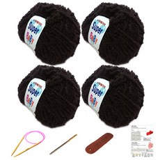 행복뜨기 슈퍼베이비 뜨개실 4p + 바늘 6mm + 돗바늘 + 가죽 라벨 + 목도리 도안 세트, 1세트, 밤색
