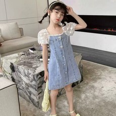 에이비프 아동용 레이스 진주 장식 데님 원피스
