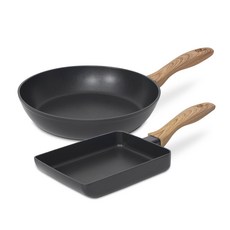 bella cuisine 感應爐適用木手柄平底鍋 2種組, 混色, 方形平底鍋 18cm+圓形平底鍋 24cm