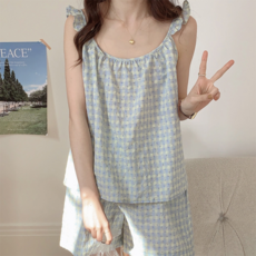 PEONIST 女款花朵泡泡紗無袖上衣 + 短褲居家服套裝