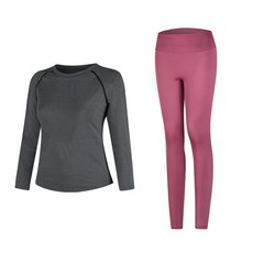 女款時尚瑜伽長袖T恤 灰色+內搭褲組