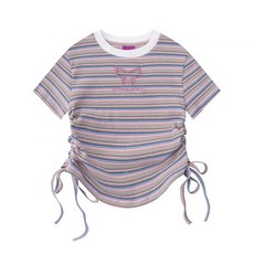 마켓에이 여성용 나비펀칭 줄무늬 셔링 반팔티