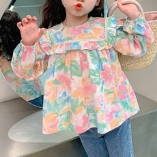 Yiyoumong女童款Maroyu花朵荷葉邊粉彩長袖襯衫