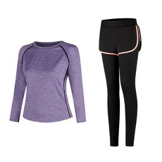 女款時尚瑜伽長袖T恤 紫色+短褲內搭褲組