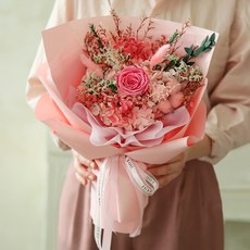 센트바스켓 생화 프리저브드 꽃다발 L + 쇼핑백 + 카드 세트, 베리핑크