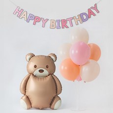 joyparty 生日派對小熊鋁箔氣球 + 氣球支架 + 橡膠氣球 + 生日掛旗套組, 1套, 粉紅色(支架, 橡膠氣球), 馬卡龍暮光奶油色(橡膠氣球), 馬卡龍啞光哈密瓜色(橡膠氣球), 粉紅薰衣草色(掛旗)