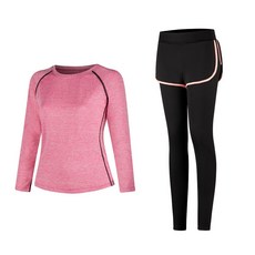 女款時尚瑜伽長袖T恤 粉色+短褲內搭褲組