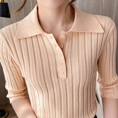 솔레일 여성용 통기성 빅칼라 V넥 5부 골지 니트