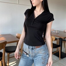 언헤브 여성용 브이넥 버튼 슬림 반팔 티셔츠