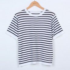 빼빼 여성용 통기성 스트라이프 린넨혼방 말림 반팔 니트티셔츠