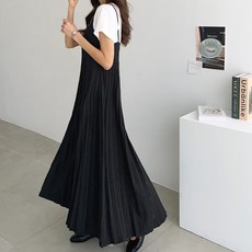 Pippin 女款百褶細肩帶連身裙 38455, 黑色