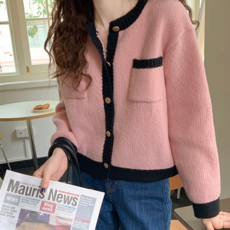 PEONIST 女款撞色口袋短版針織開襟衫