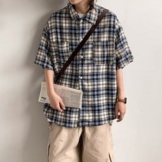 DM 남성용 그루 체크 반팔 셔츠
