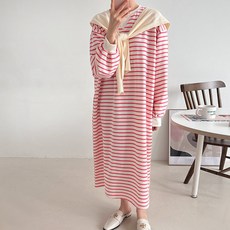 BONBONSTORY Moni 條紋刷毛孕婦長版洋裝